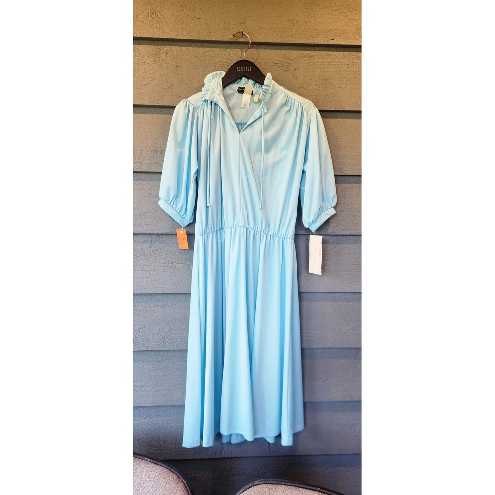 Vintage Toni Todd Dress Womens 16 Blue Ruffle Puff Sleeve Fit Flare Midi 70s